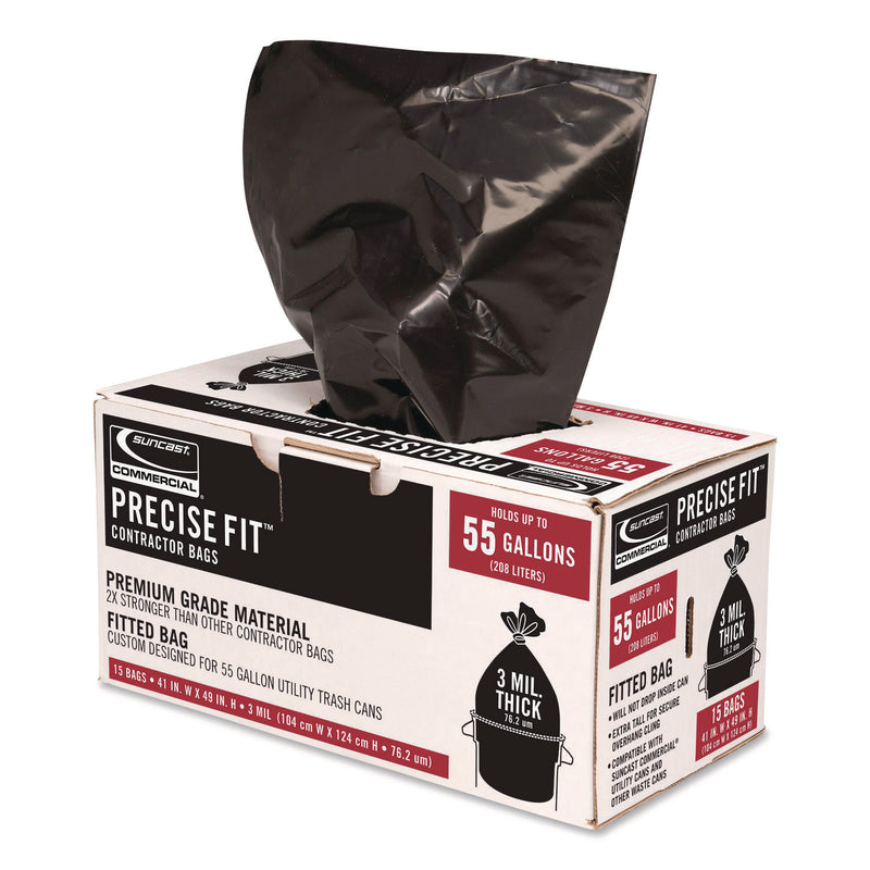 Suncast Commercial® Precise Fit Contractor Bag, Open-Face, 55 gal, 3 mil, 41" x 49", Black, 15/Box (SUAUCL55315B) Box of 15