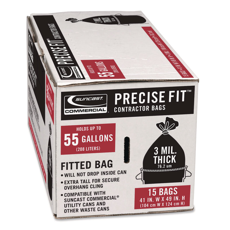 Suncast Commercial® Precise Fit Contractor Bag, Open-Face, 55 gal, 3 mil, 41" x 49", Black, 15/Box (SUAUCL55315B) Box of 15