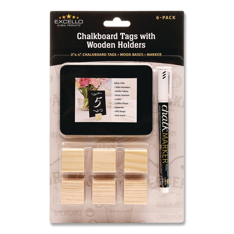 Excello Global Products® Tabletop Chalkboard Tag, Black Surface, Teak Wood Holder, 3 x 4, 6/Pack (EXOEGPHD0508S) Pack of 6