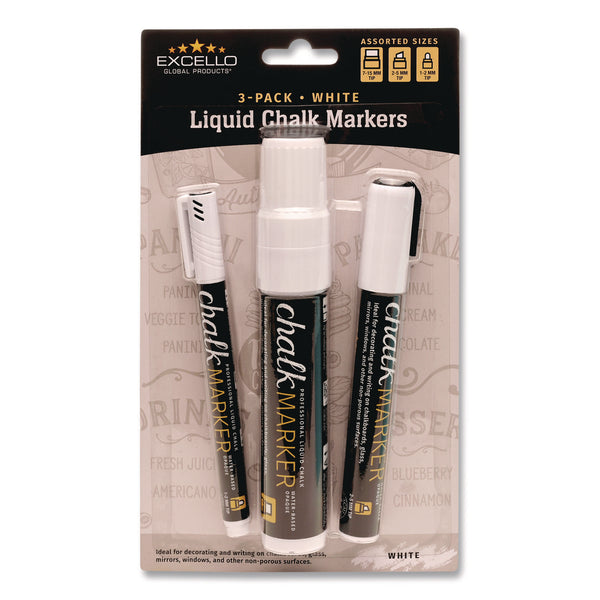 Excello Global Products® Liquid Chalk Markers, Assorted Tip Sizes and Types, White, 3/Pack (EXOEGPHD0511S) Pack of 3