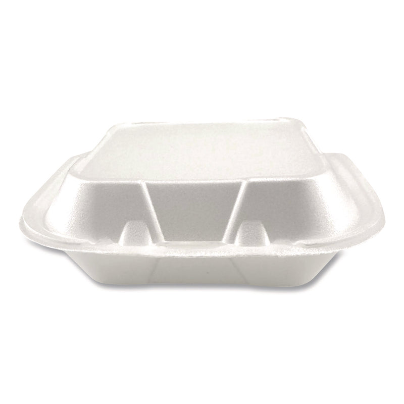 Foam Hinged Lid Containers, 3-Compartment, 8.56 x 8 x 2.76, White, Foam, 200/Carton (PST12092) Case of 200