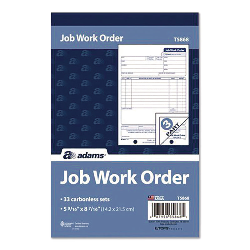 Adams Business Forms Multipart Job Work Order Pad, Three-Part Carbonless, 5.56 x 7.94, 33 Forms Total (ABFT5868) Each