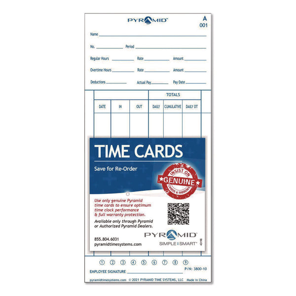 Pyramid Technologies Time Cards for 3800 Time Clock, 100/Pack (PTI380010) Pack of 100