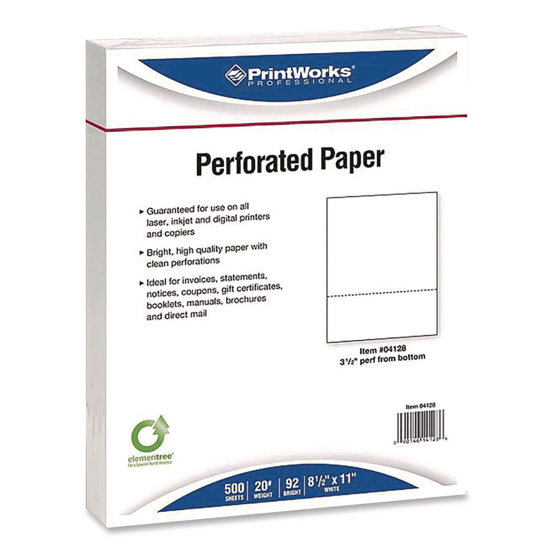 Printworks™ Professional Perforated Paper, 92 Bright, Perforated 3.5" from Bottom, 8.5 x 11, White, 500 Sheets/Ream, 5 Reams/Carton (PWK04128) Case of 2500