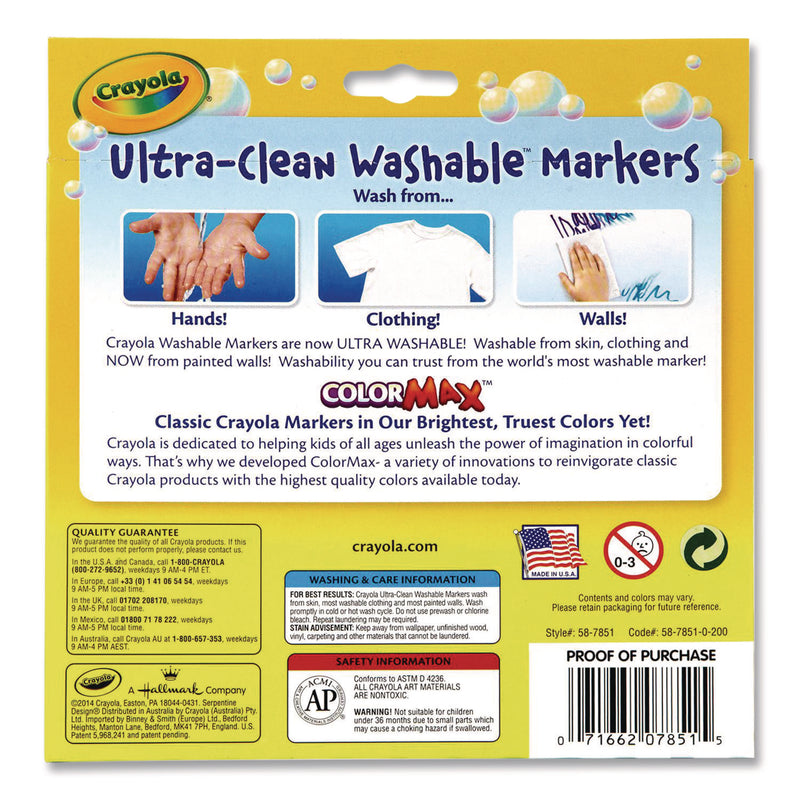 Crayola Ultra-Clean Washable Markers, Broad Bullet Tip, Assorted Colors, 10/Pack (CYO587851) Pack of 10