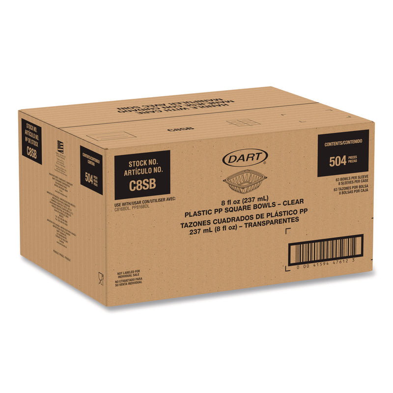 Square Plastic Bowls, 8 oz, 8.5 x 8.5 x 1.51, Clear, Plastic, 63 Bowls/Sleeve, 8 Sleeves/Carton (DCCC8SB) Case of 504