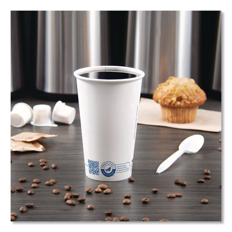 Solo Recycled Content PCF Paper Hot Cups, ProPlanet Seal, 16 oz, White/Blue, 1,000/Carton (SCC316RCPLANET) Case of 1000