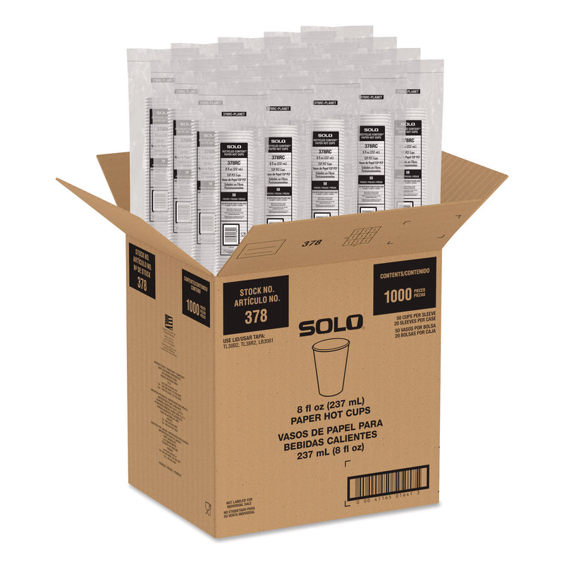 Solo Recycled Content PCF Paper Hot Cups, ProPlanet Seal, 8 oz, White/Blue, 1,000/Carton (SCC378RCPLANET) Case of 1000