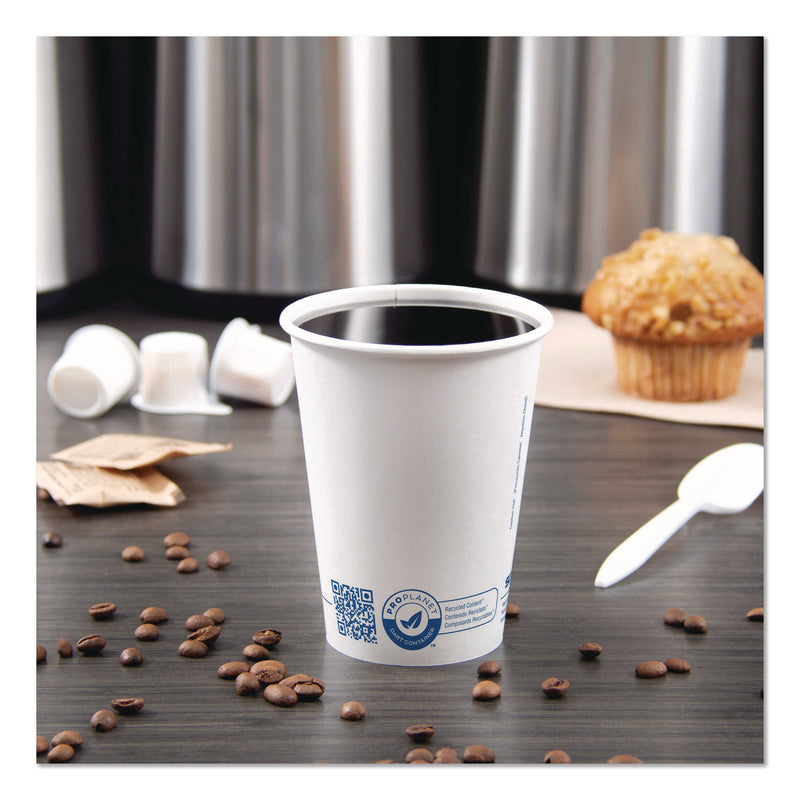 Solo Recycled Content PCF Paper Hot Cups, ProPlanet Seal, 12 oz, White/Blue, 1,000/Carton (SCC412RCNPLANET) Case of 1000