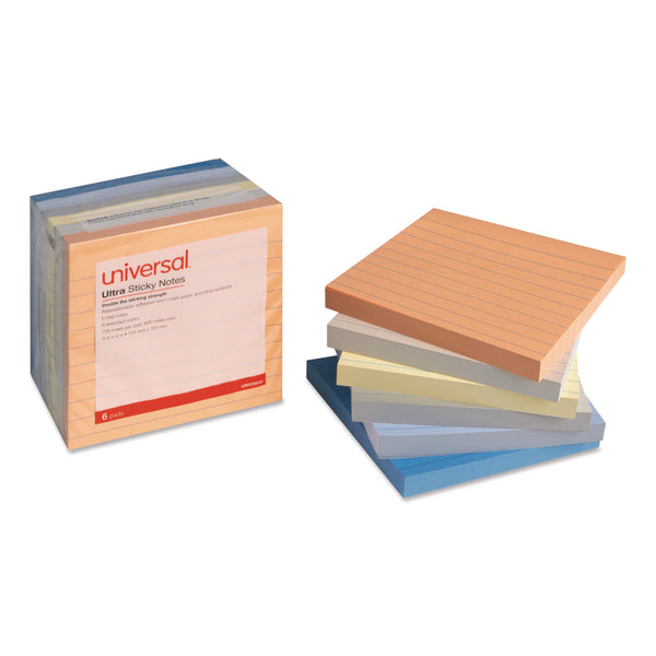 Ultra Sticky Note Pads, Note Ruled, 4" x 4", Assorted Colors, 100 Sheets/Pad, 6 Pads/Pack (UNV35633) Pack of 6