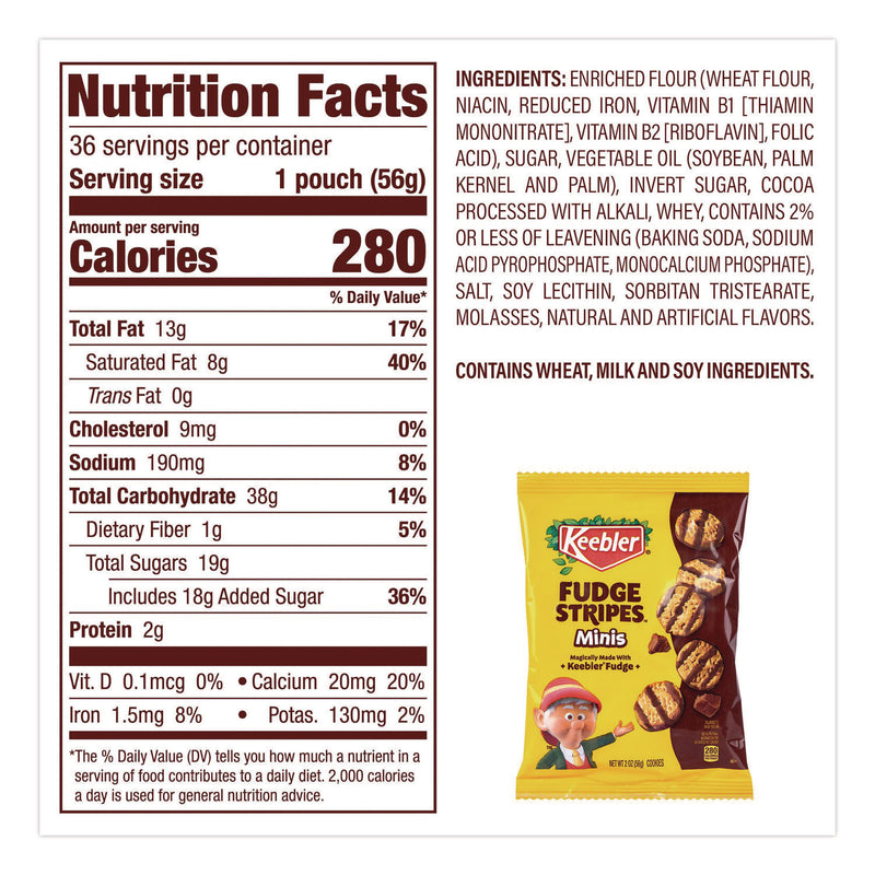 Keebler® Mini Cookies, Fudge Stripes, 2 oz Pouch, 36/Box (GRR22002517) Box of 36