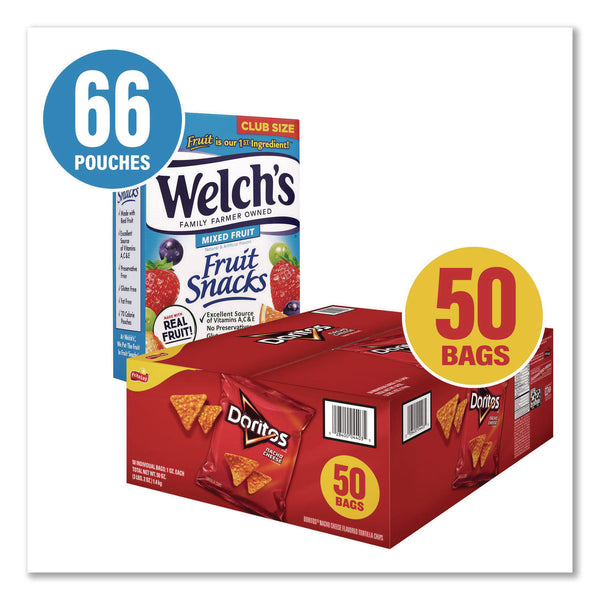 Doritos Nacho Cheese Tortilla Chips and Welch's Mixed Fruit Snacks, (50) 1oz Bag Chips, (66) 0.8 oz Pouch Fruit Snacks/Bundle (GRR60004174) 1 Bundle