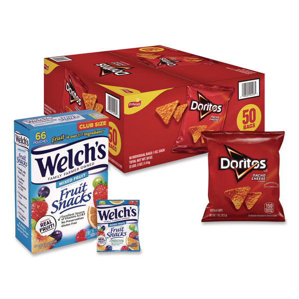 Doritos Nacho Cheese Tortilla Chips and Welch's Mixed Fruit Snacks, (50) 1oz Bag Chips, (66) 0.8 oz Pouch Fruit Snacks/Bundle (GRR60004174) 1 Bundle