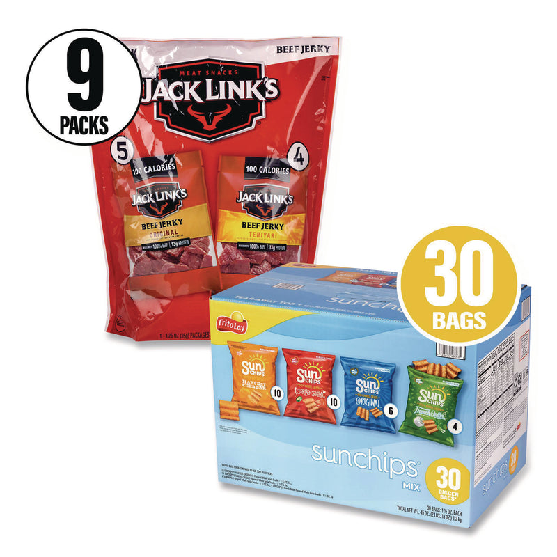 Sunchips and Jack Link's Beef Jerky Variety Pack, (30) 1.5 oz Bags, (9) 1.25 oz Snack Packs, Assorted Flavors/Bundle (GRR60004175) 1 Bundle