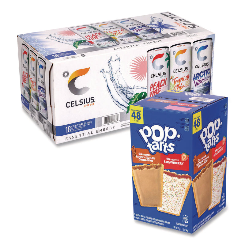 Celcius Vibe and Pop Tarts Variety Combo Pack,(18) 12oz Cans,(24) Frosted Strawberry/(24) Frosted Brown Sugar Cinnamon/Bundle (GRR60004172) 1 Bundle