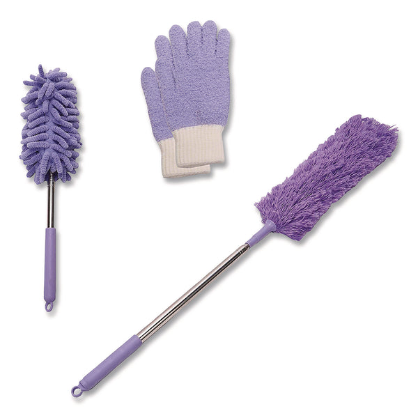 TidyUps Four-Piece Dusting Set, Extendable Duster, Flexible Wand, 2 Gloves, Purple (CH7TU68125) Each