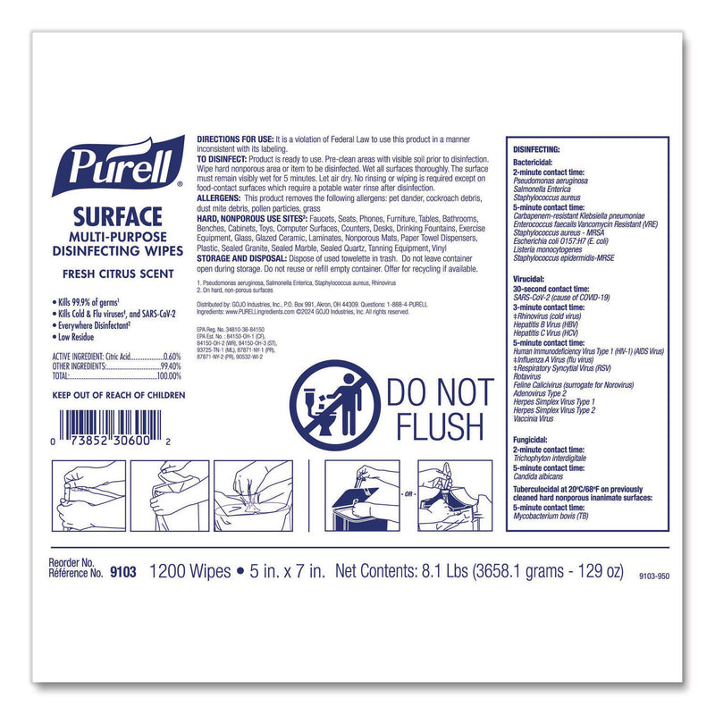PURELL® Surface Multi-Purpose Disinfecting Wipes, 1-Ply, 5 x 7, Fresh Citrus, White, 2/Carton (GOJ910302CT) Case of 2