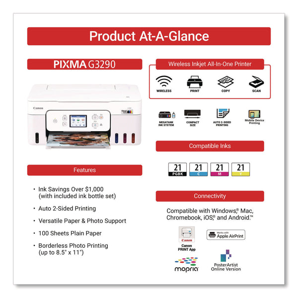 Canon® MegaTank PIXMA G3290 All-in-One Wireless Inkjet Printer, Copy/Print/Scan (CNM6706C022) Each