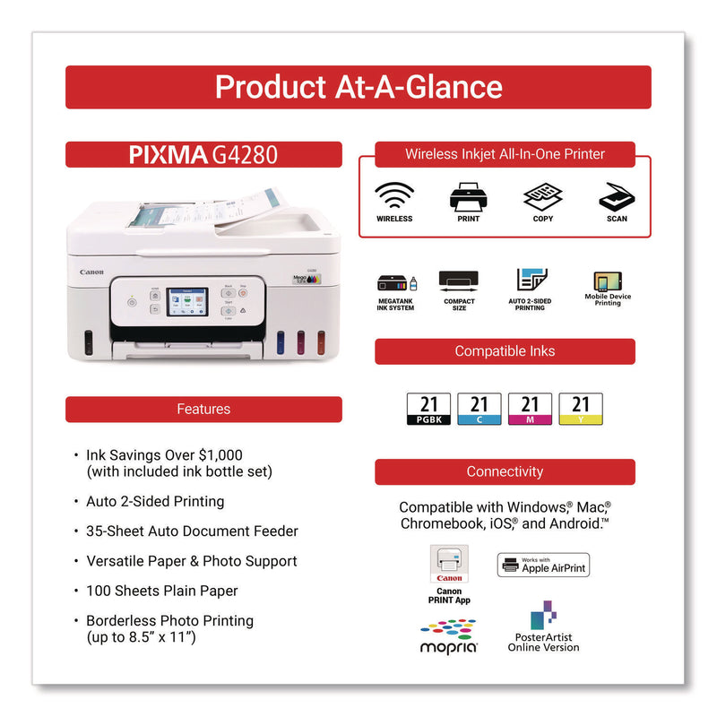 Canon® PIXMA G4280 MegaTank All-in-One Inkjet Printer, Copy/Print/Scan (CNM6704C022) Each
