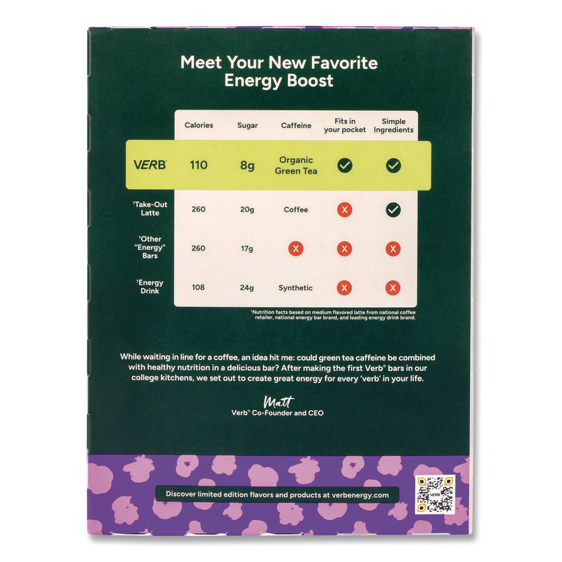VERB Energy® Caffeinated Energy Bar, Chocolate Chip Cookie Dough, 0.92 oz Bar, 16/Box (GRR22002525) Box of 16