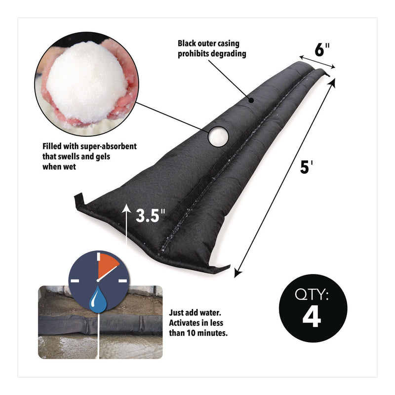 Quick Dam Flood Barriers, 6" x 5 ft x 3.5", 4/Pack (QKDQD654) Pack of 4