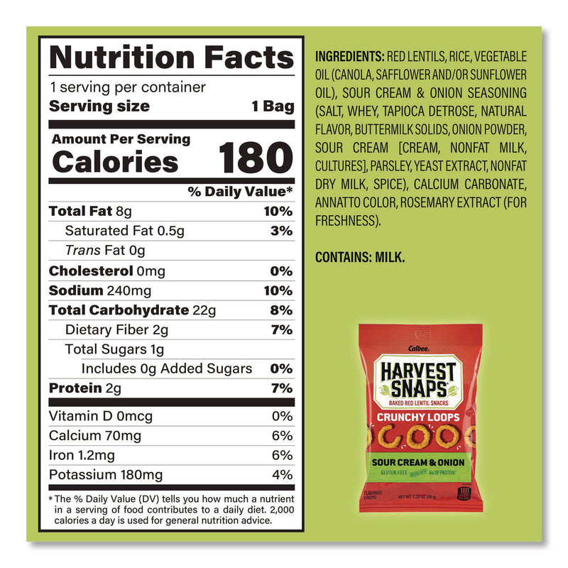 Harvest Snaps® Crunchy Loops, Sour Cream and Onion, 1.35 oz Bag, 8/Box (GRR22002516) Box of 8