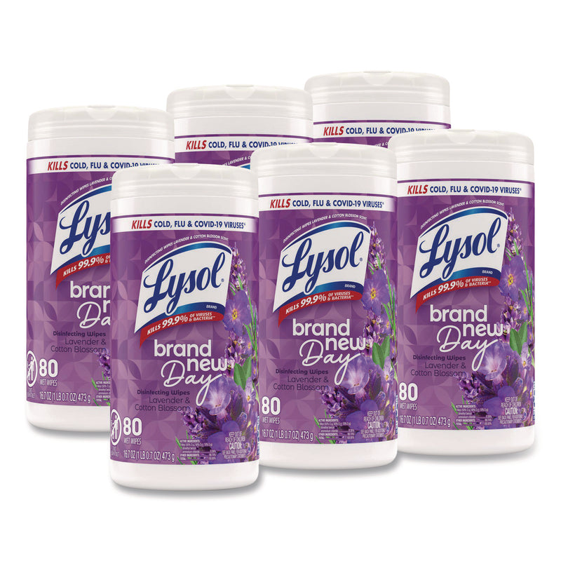 LYSOL® Brand Disinfecting Wipes, 1-Ply, 7 x 7.25, Lavender and Cotton Blossom, White, 80 Wipes/Canister, 6 Canisters/Carton (RAC56264CT) Case of 6
