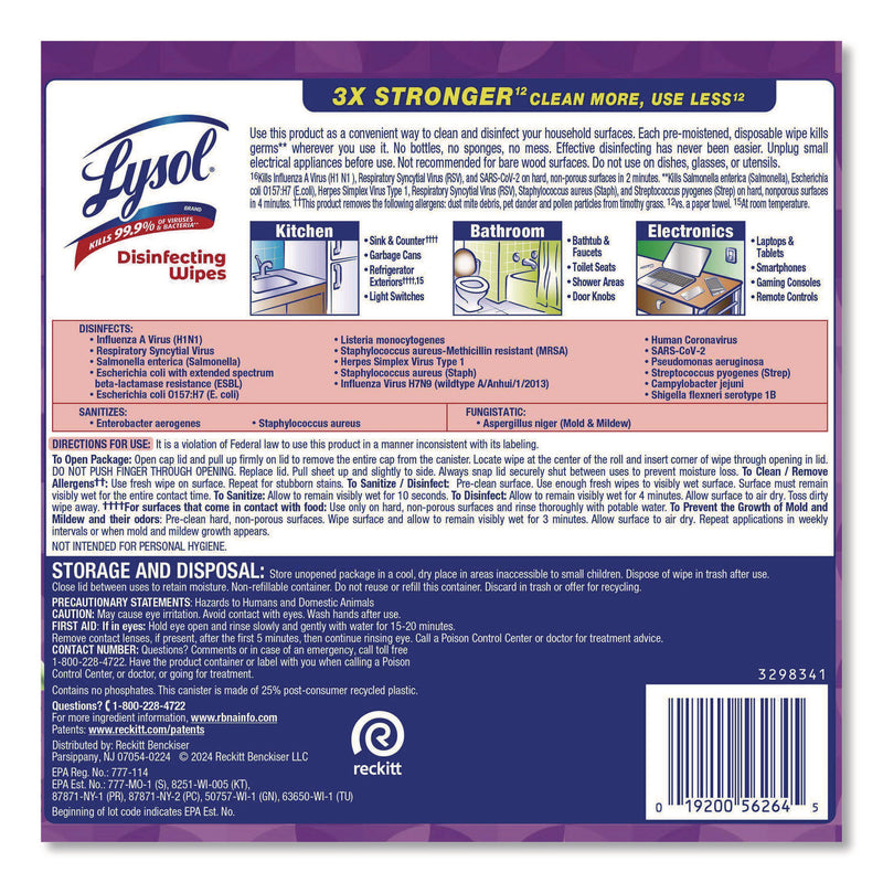 LYSOL® Brand Disinfecting Wipes, 1-Ply, 7 x 7.25, Lavender and Cotton Blossom, White, 80 Wipes/Canister (RAC56264EA) Each