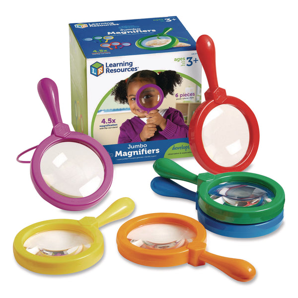Learning Resources® Jumbo Magnifers Set, 4.5X Plastic Lens, 4.5" dia, Assorted Colors, 6 Magnifiers (LRNLER2774) Each