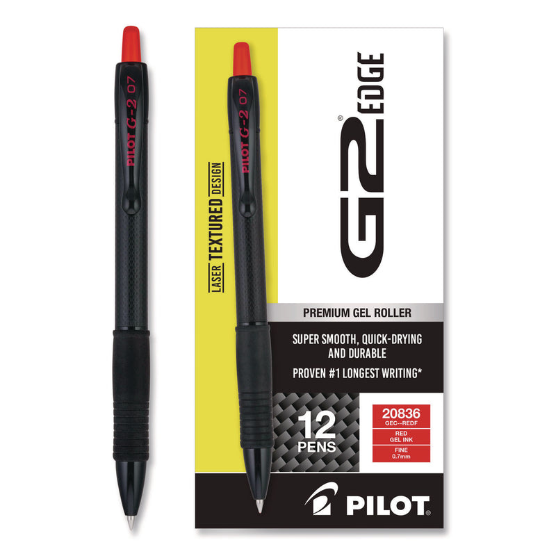Pilot® G2 Edge Premium Gel Roller Pen, Retractable, Fine 0.7 mm, Red Ink, Black/Red Barrel, Dozen (PIL20836) 1 Dozen