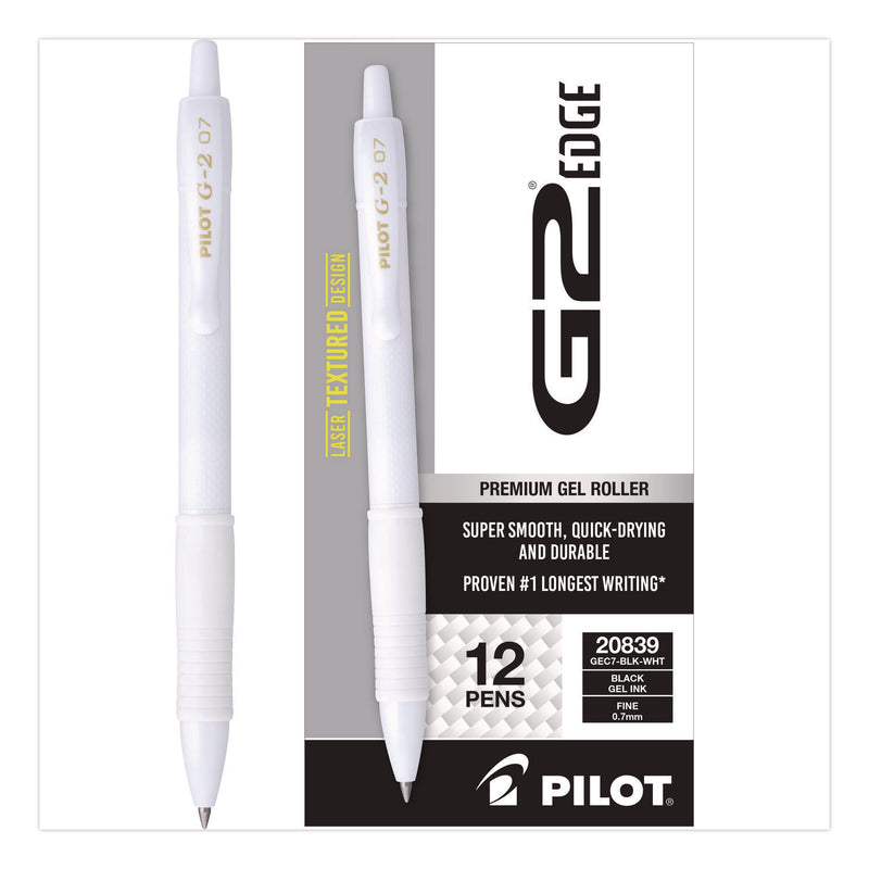 Pilot® G2 Edge Premium Gel Roller Pen, Retractable, Fine 0.7 mm, Black Ink, White Barrel, Dozen (PIL20839) 1 Dozen