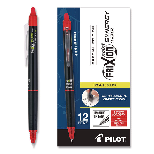 Pilot® Frixion Synergy Clicker Erasable Gel Pen, Retractable, Extra Fine 0.5 mm, Red Ink, Black/Red Barrel, Dozen (PIL17372) 1 Dozen