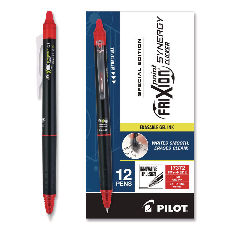 Pilot® Frixion Synergy Clicker Erasable Gel Pen, Retractable, Extra Fine 0.5 mm, Red Ink, Black/Red Barrel, Dozen (PIL17372) 1 Dozen