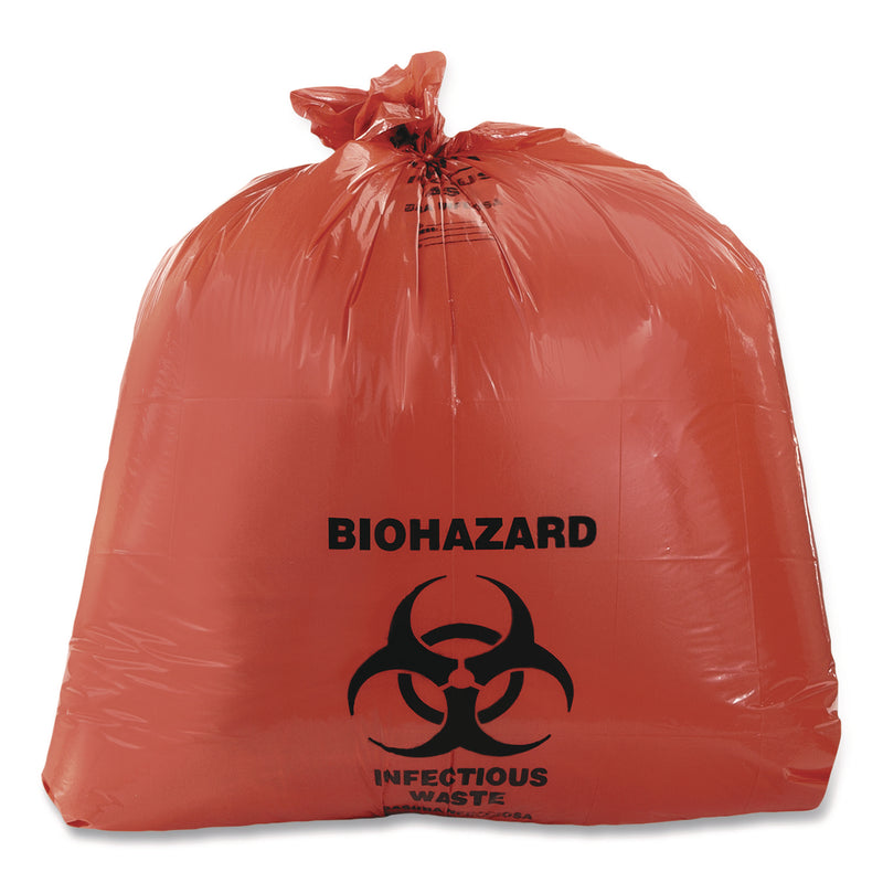 Heritage Healthcare Pre-Printed High-Density Can Liners, Biohazard: Infectious Waste, 45 gal, 16 mic, 40 x 48, Red, Flat Pack, 250/CT (HERZ8048VRP01) Case of 250