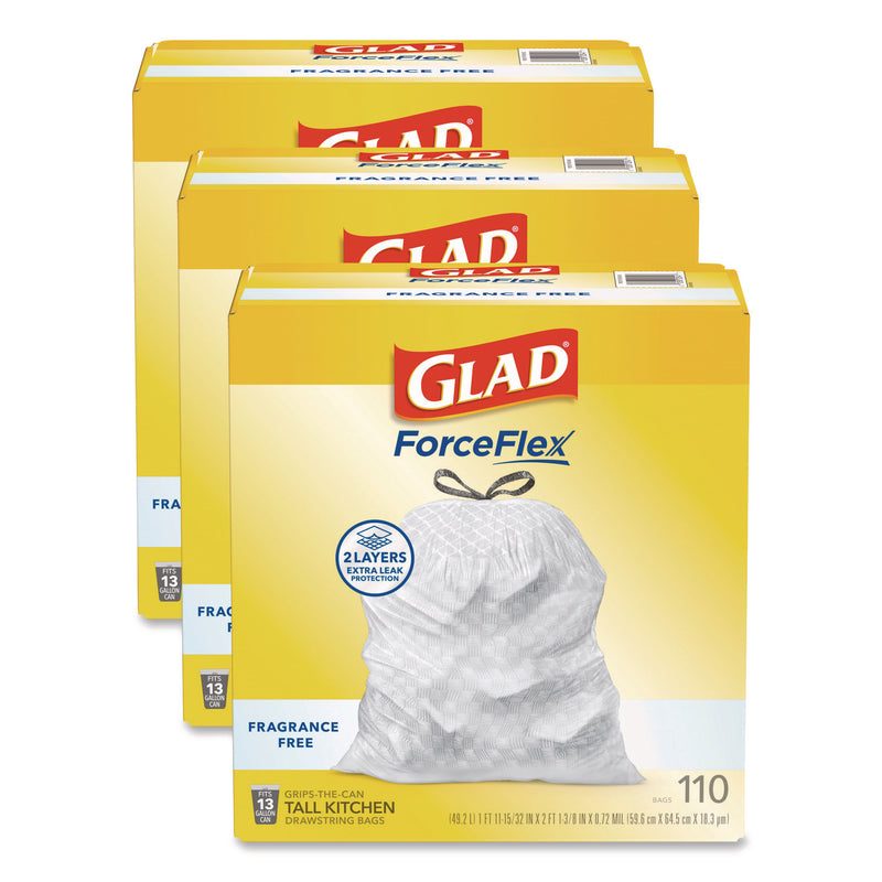 Glad® ForceFlex Kitchen Drawstring Trash Bags, Drawstring, 13 gal, Unscented, 23.47 x 25.38, White, 110 Bags/Box, 3 Boxes/Carton (CLO22541CT) Case of 330