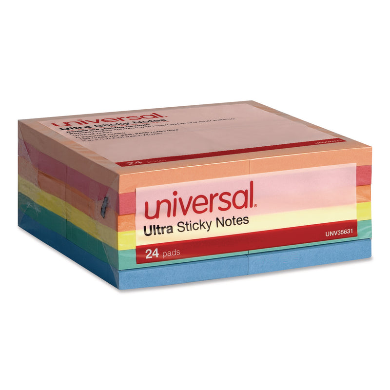 Universal® Ultra Sticky Note Pads, 3" x 3", Assorted, 100 Sheets/Pad, 24 Pads/Pack (UNV35631) Pack of 24