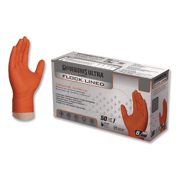 GloveWorks® by AMMEX® Ultra Industrial Flock-Lined Nitrile Disposable Gloves, X-Large, 6 mil Thick, 9.06" Long, Orange, 50/Box, 10 Boxes/Carton (AXCGWUOFN48050) Case of 500
