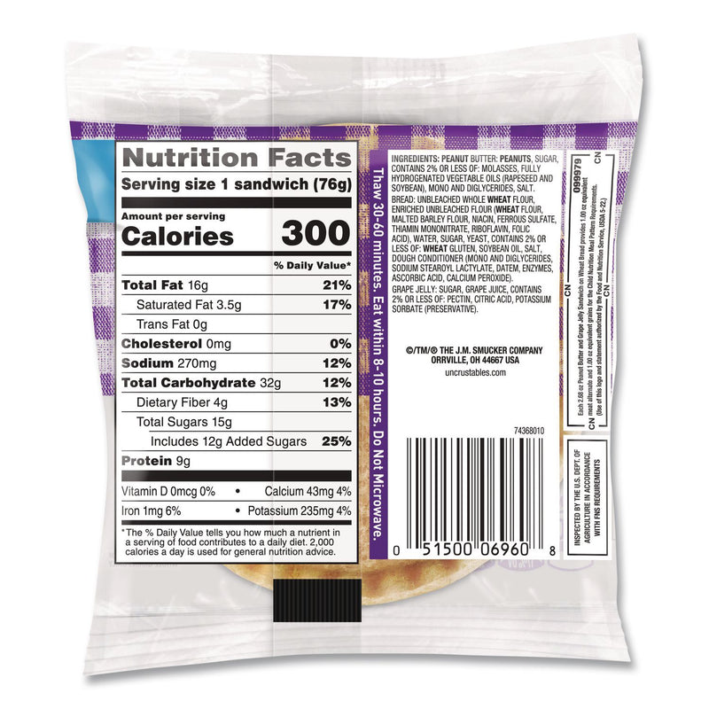 Smucker's® UNCRUSTABLES Peanut Butter and Grape Jelly on Wheat Bread, 2.6 oz Bag, 48/Carton (GRR22002219) Case of 48