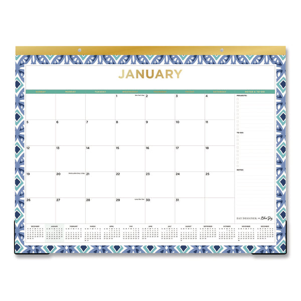 Blue Sky® Tile Monthly Desk Pad Calendar, Geometric Artwork, 22 x 17, White/Blue/Green Sheets, 12-Month (Jan to Dec): 2026 (BLS133694) Each