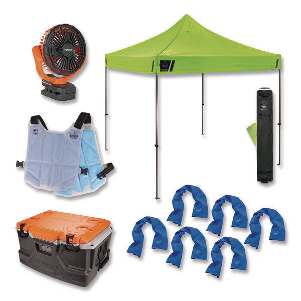 ergodyne® Chill-Its 6672 Heat Stress Prevention and Recovery Station Kit, Pop-Up Tent, 48-qt Cooler, Fan, Vest, 6 Towels (EGO12344) Each