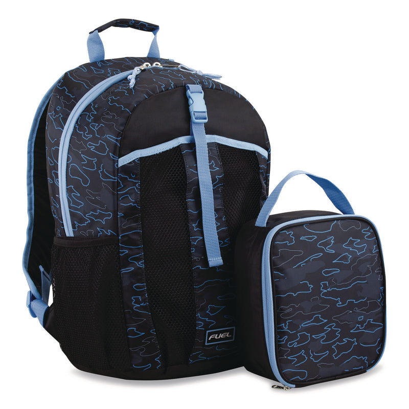 FUEL Bijoux Deluxe Backpack and Lunch Bag Bundle, 15.5" Laptop Sleeve, 12" x 8" x 18.5" and 7.5" x 4.25" x 9", Black/Blue Camo (FUE110592STOC2) Each