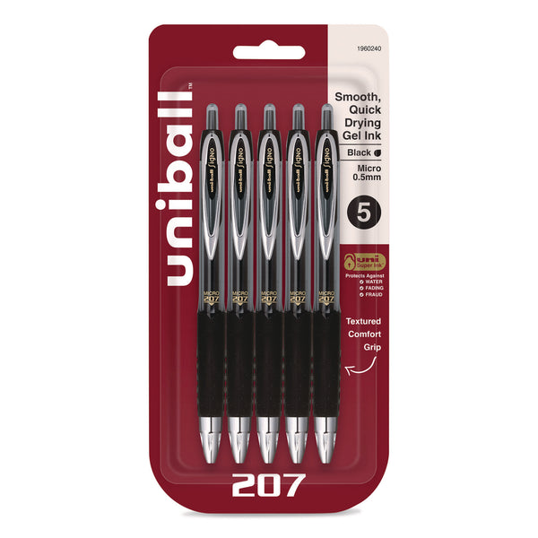 uniball® Signo 207 Gel Pen, Retractable, Fine 0.5 mm, Black Ink, Smoke/Black Barrel, 5/Pack (UBC1960240) Pack of 5