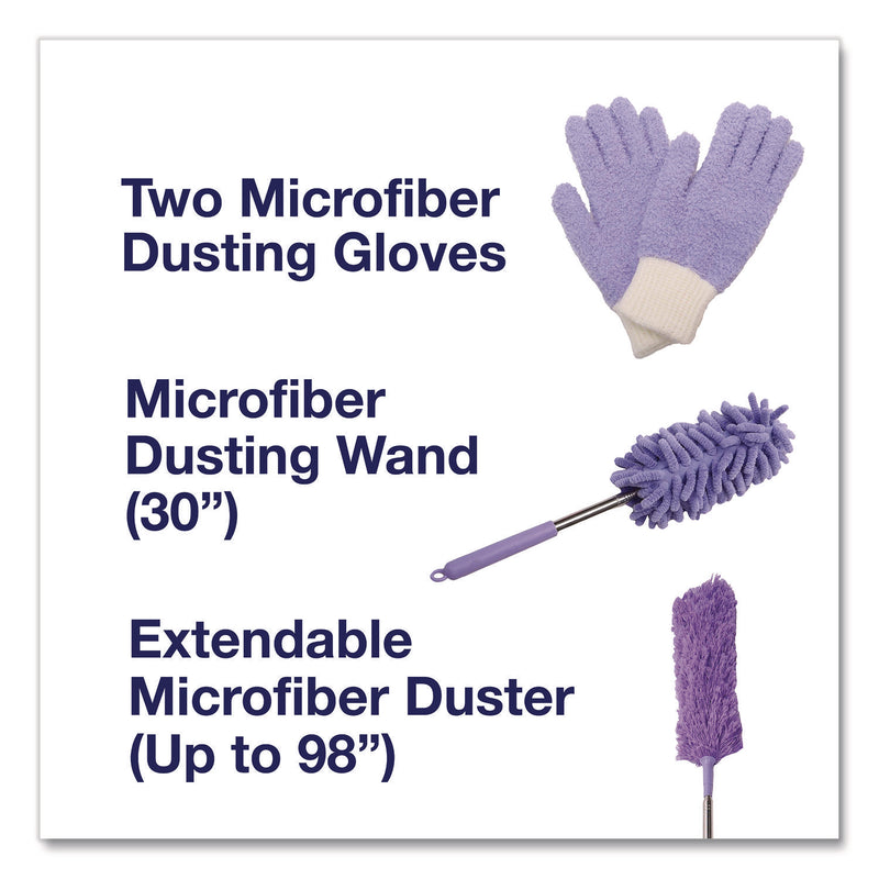 TidyUps Four-Piece Dusting Set, Extendable Duster, Flexible Wand, 2 Gloves, Purple (CH7TU68125) Each