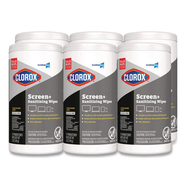 Clorox® CloroxPro ScreenPlus Sanitizing Wipes, 6 x 8, Citrus Blend, White, 75/Canister, 6 Canisters/Carton (CLO60724CT) Case of 6