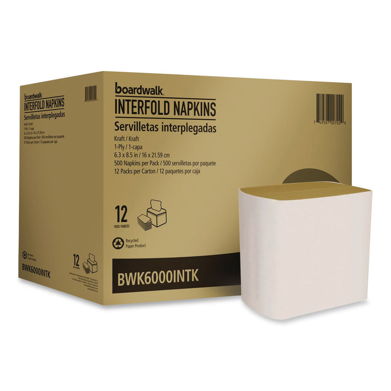 Boardwalk® Interfold Napkins, 1-Ply, 8.8 x 6.3, Kraft, 500/Pack, 12 Packs/Carton (BWK6000INTK) Case of 12