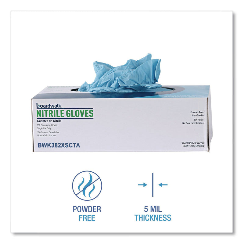 Boardwalk® Disposable Examination Nitrile Gloves, Powder-Free, X-Small, 5 mil Thick, 9.5" Long, Blue, 100/Box, 10 Boxes/Carton (BWK382XSCTA) Case of 1000
