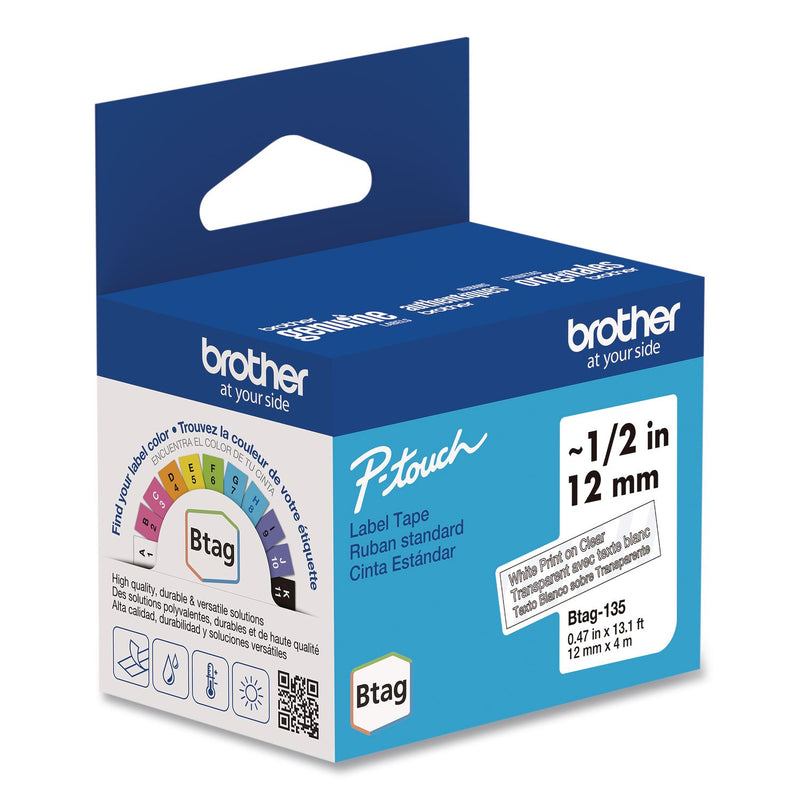 Brother P-Touch® Genuine P-Touch BTAG Label Tapes, 0.47" x 13.1 ft, White on Clear (BRTBTAG135) Each