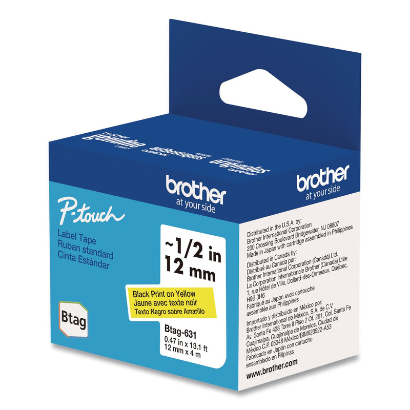Brother P-Touch® Genuine P-Touch BTAG Label Tapes, 0.47" x 13.1 ft, Black on Yellow (BRTBTAG631) Each