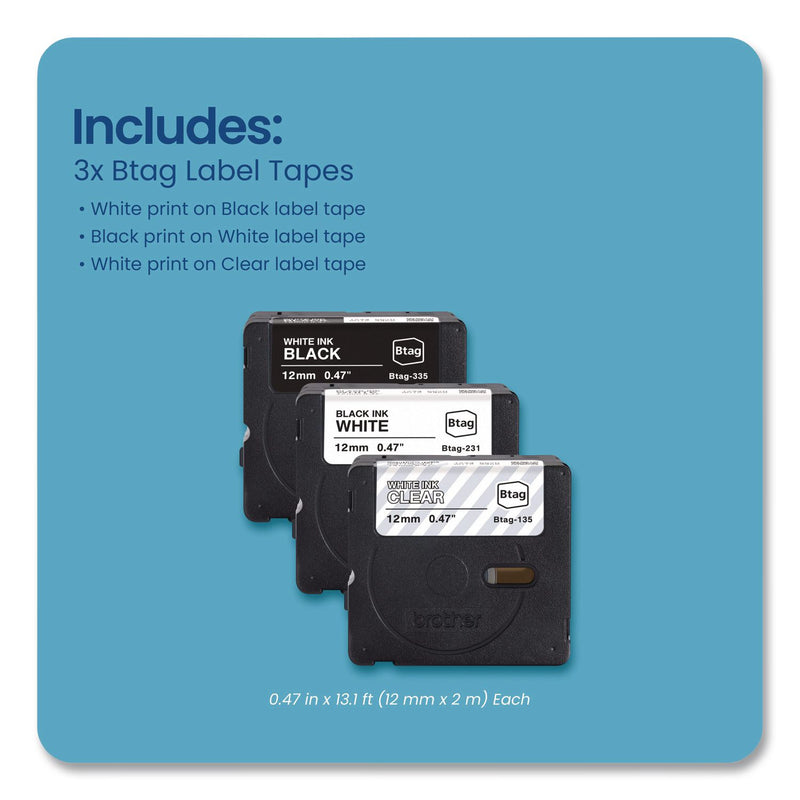 Brother P-Touch® Genuine P-Touch BTAG Label Tapes, 0.47" x 13.1 ft, White on Clear, Black on White, White on Black, 3/Pack (BRTBTAG3M01) Each