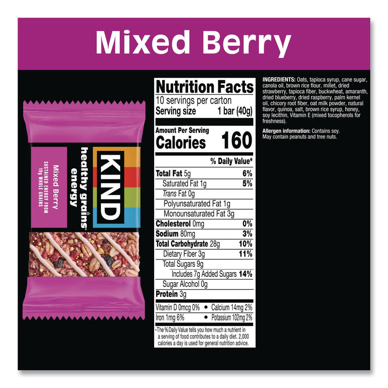 KIND Healthy Grains Energy Mixed Berry Bars, 1.4 oz Bar, 10/Box (KND67073) Box of 10